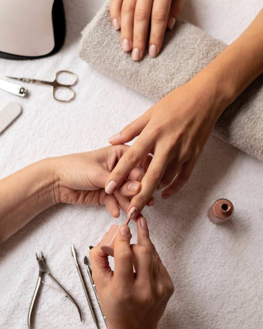 Pearl and white French almond nails with gold detail, Venus Spa Nails Florence KY
