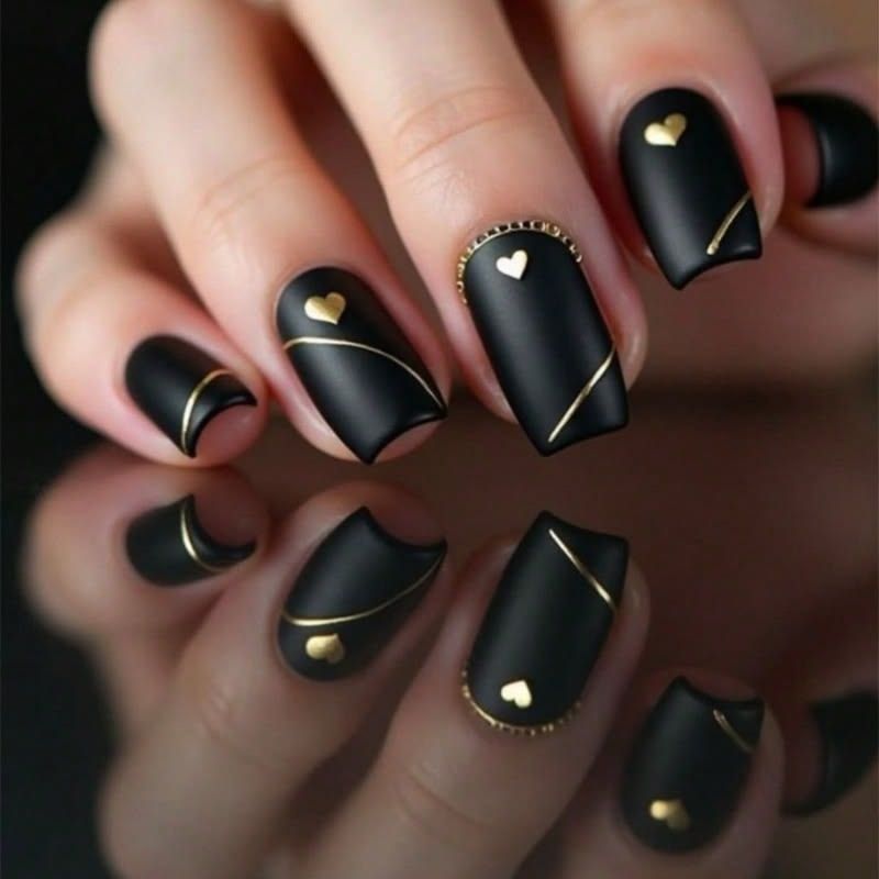 Black and gold nail art set with heart accents, Venus Spa Nails Florence KY