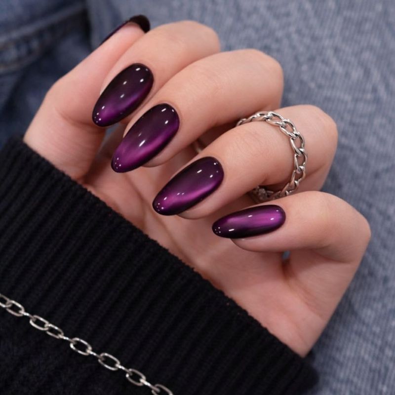 Deep purple cat eye nails with a shifting magnetic finish, Florence KY
