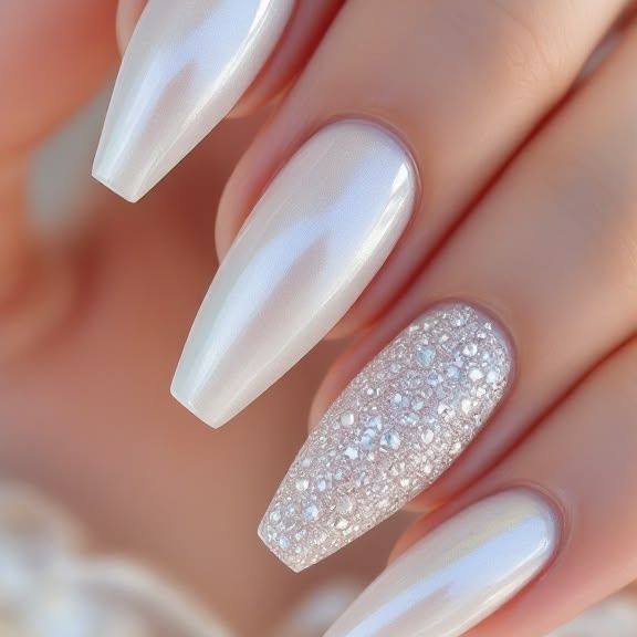 White and glitter coffin nails with a chrome finish, Venus Spa Nails Florence KY