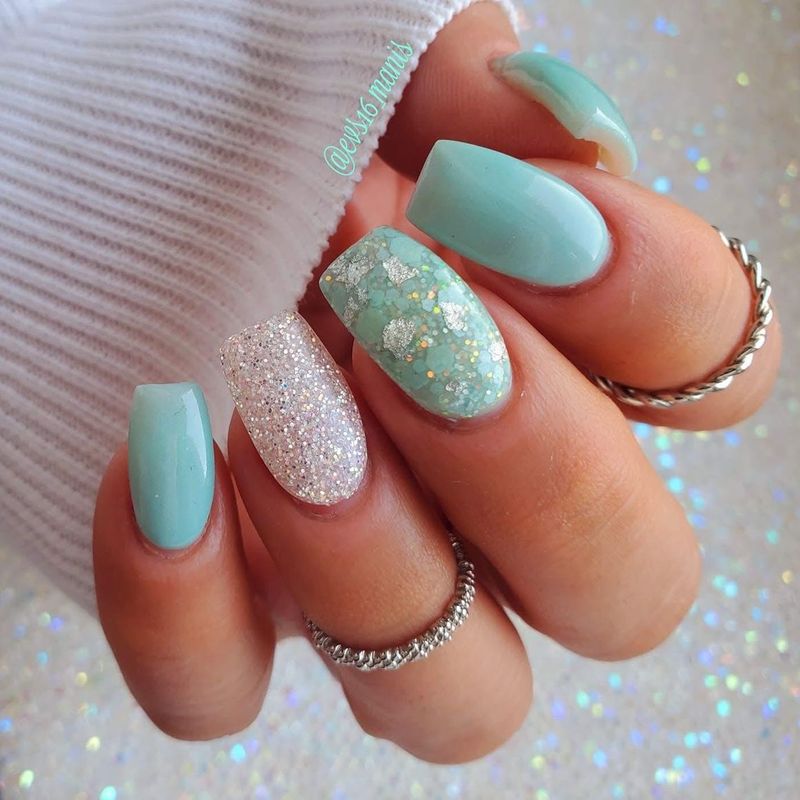 Mint green dipping powder nails with glitter accents, Venus Spa Nails Florence KY