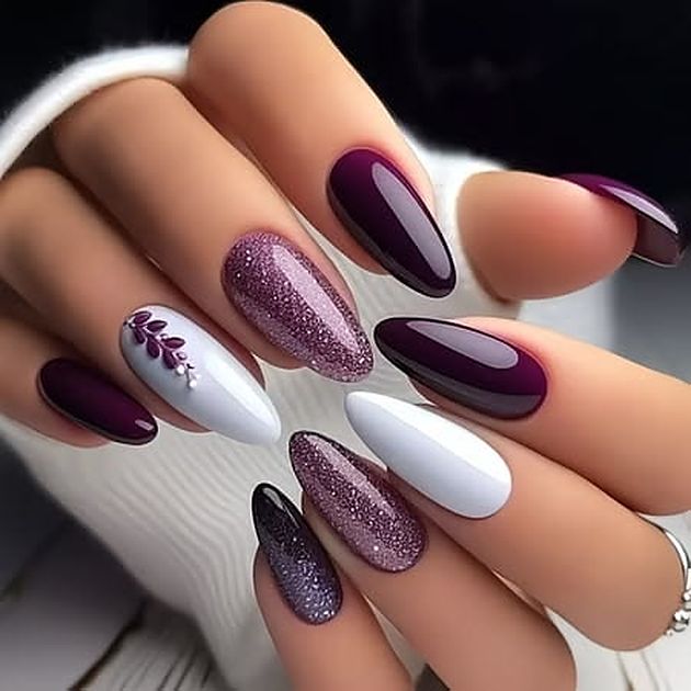 Purple and white almond nail art set with floral detail, Boone County Kentucky
