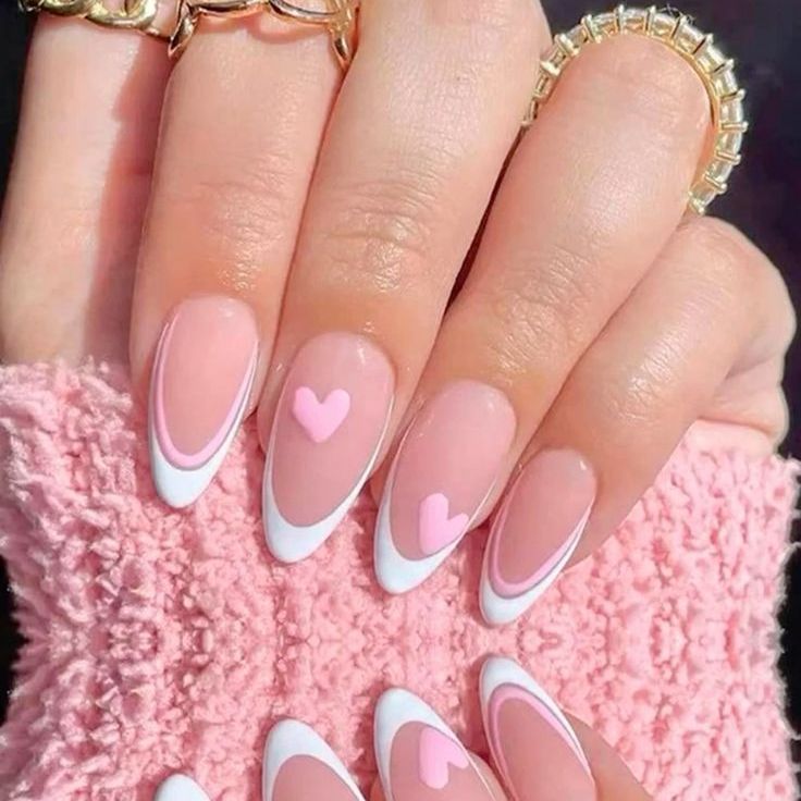 White French tip almond nails with heart accents, Venus Spa Nails Florence KY